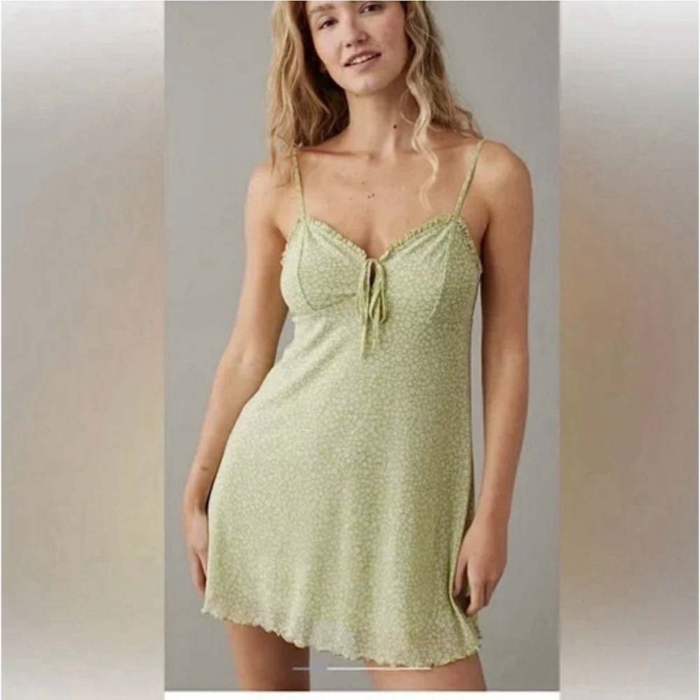 American Eagle Lime Green Dainty Floral Mesh Babydoll Dress Womens Medium